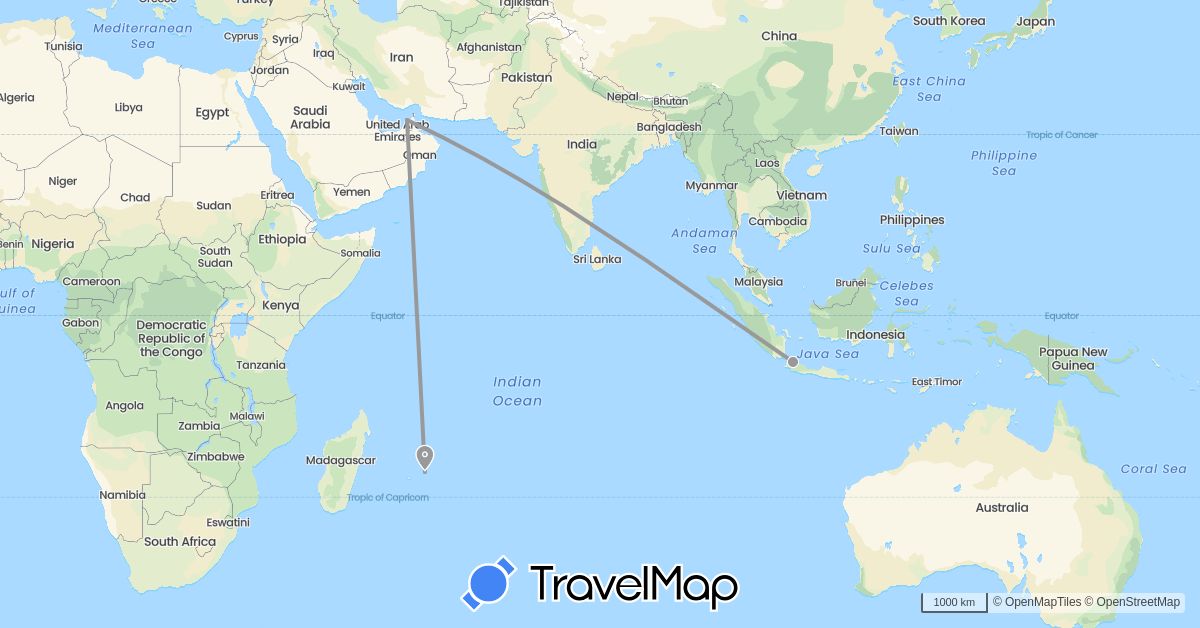 TravelMap itinerary: driving, plane in United Arab Emirates, Indonesia, Mauritius (Africa, Asia)